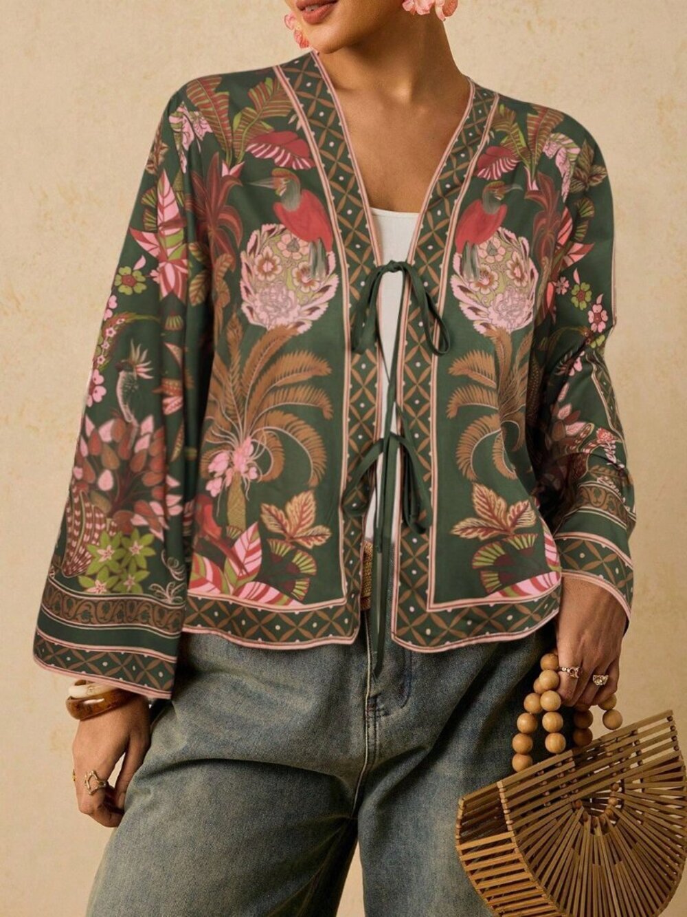Dark Green Boho Women's Plus Size Vacation Plant Print Front Tie Shirt